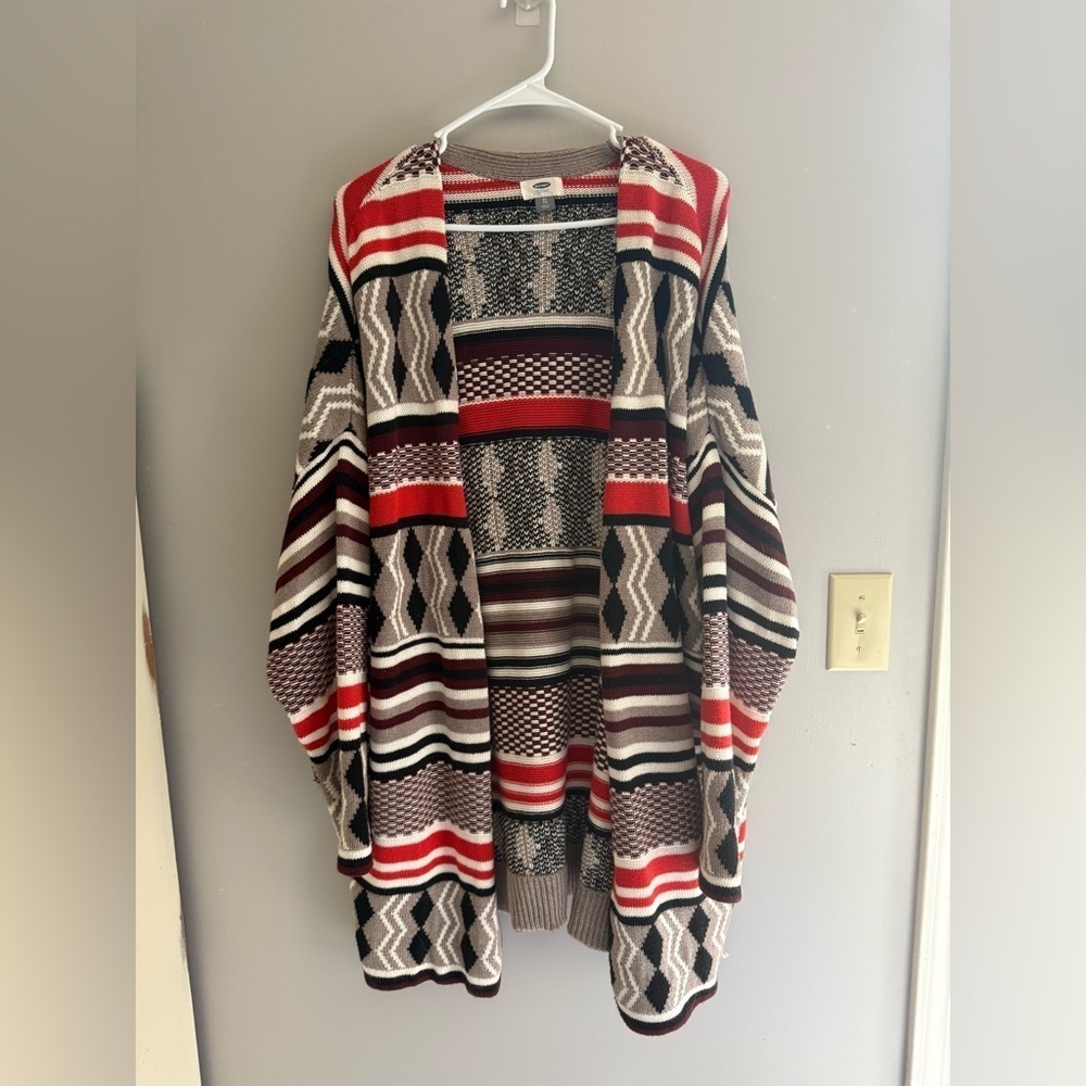 Old Navy Red, Brown, Cream Patterned Open Front Cardigan